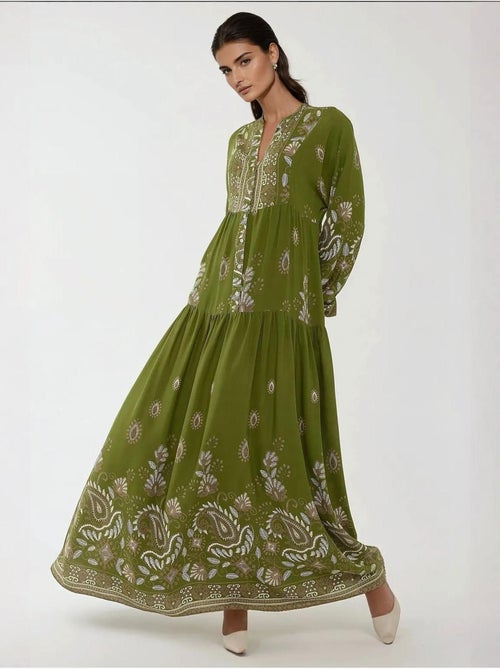 Vestido largo de viscosa con manga larga estampado hiccup - Kiabi Vestido largo de viscosa con manga larga estampado hiccup - Kiabi