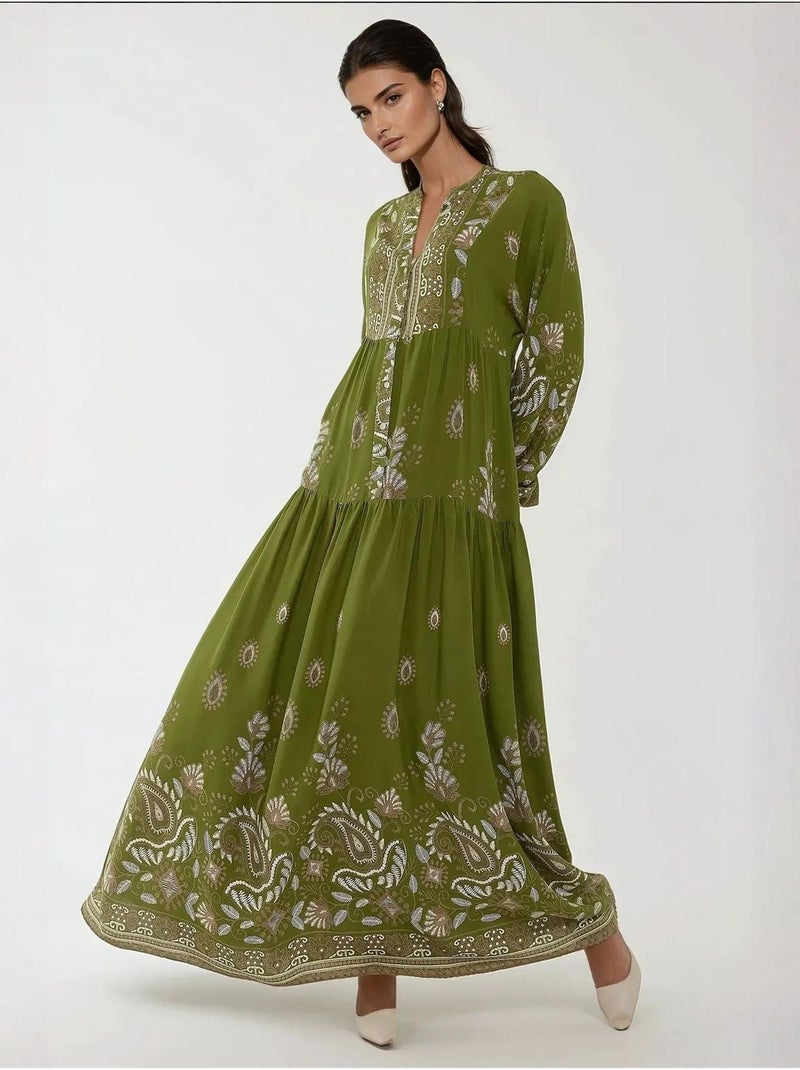 Vestido largo de viscosa con manga larga estampado hiccup Caqui - Kiabi