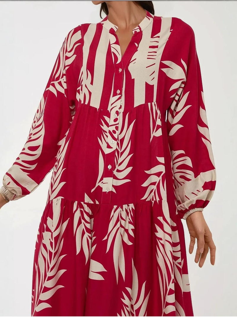 Vestido largo de viscosa con manga larga estampado hiccup Frambuesa - Kiabi