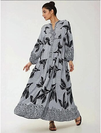 Vestido largo de viscosa con manga larga estampado hiccup