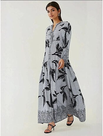 Vestido largo de viscosa con manga larga estampado hiccup