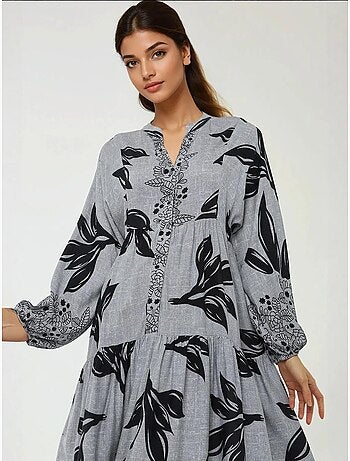 Vestido largo de viscosa con manga larga estampado hiccup