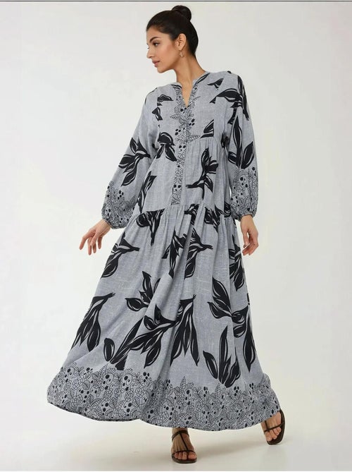 Vestido largo de viscosa con manga larga estampado hiccup - Kiabi Vestido largo de viscosa con manga larga estampado hiccup - Kiabi