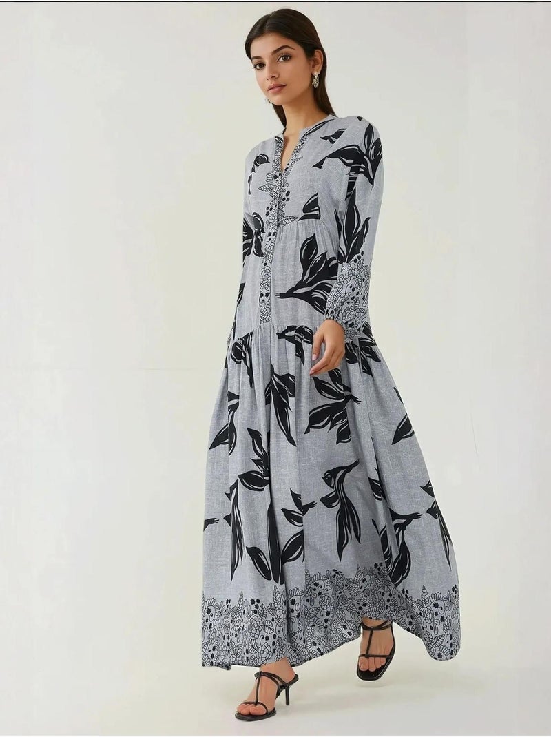 Vestido largo de viscosa con manga larga estampado hiccup Gris - Kiabi