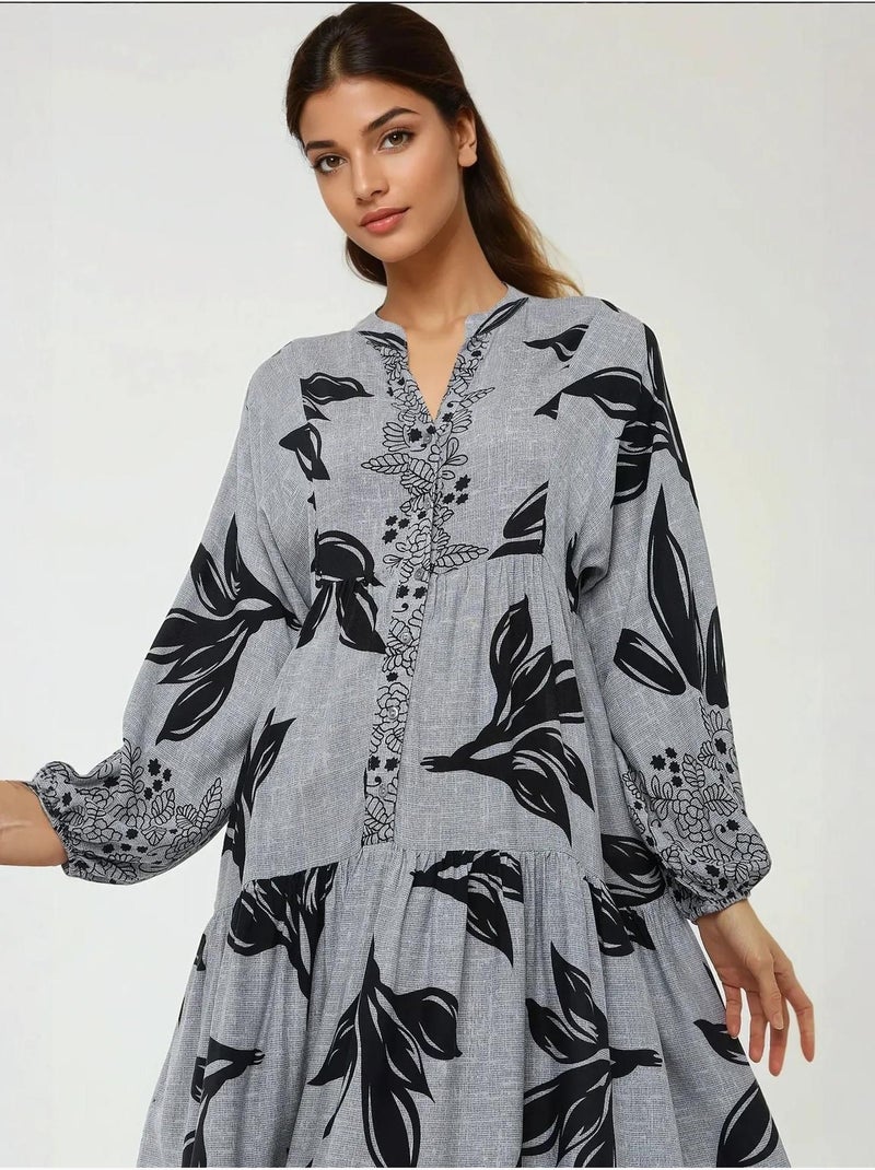 Vestido largo de viscosa con manga larga estampado hiccup Gris - Kiabi