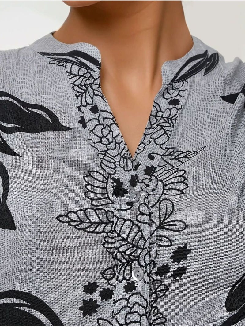Vestido largo de viscosa con manga larga estampado hiccup Gris - Kiabi