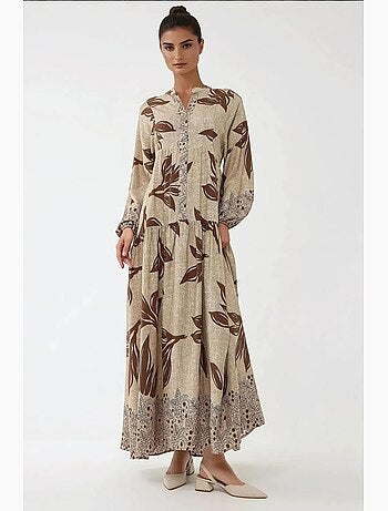 Vestido largo de viscosa con manga larga estampado hiccup