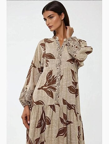 Vestido largo de viscosa con manga larga estampado hiccup