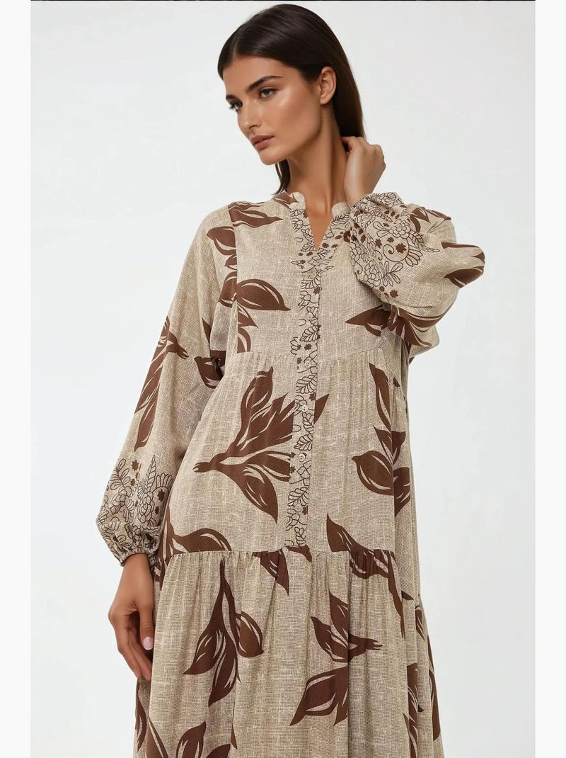 Vestido largo de viscosa con manga larga estampado hiccup Marrón - Kiabi
