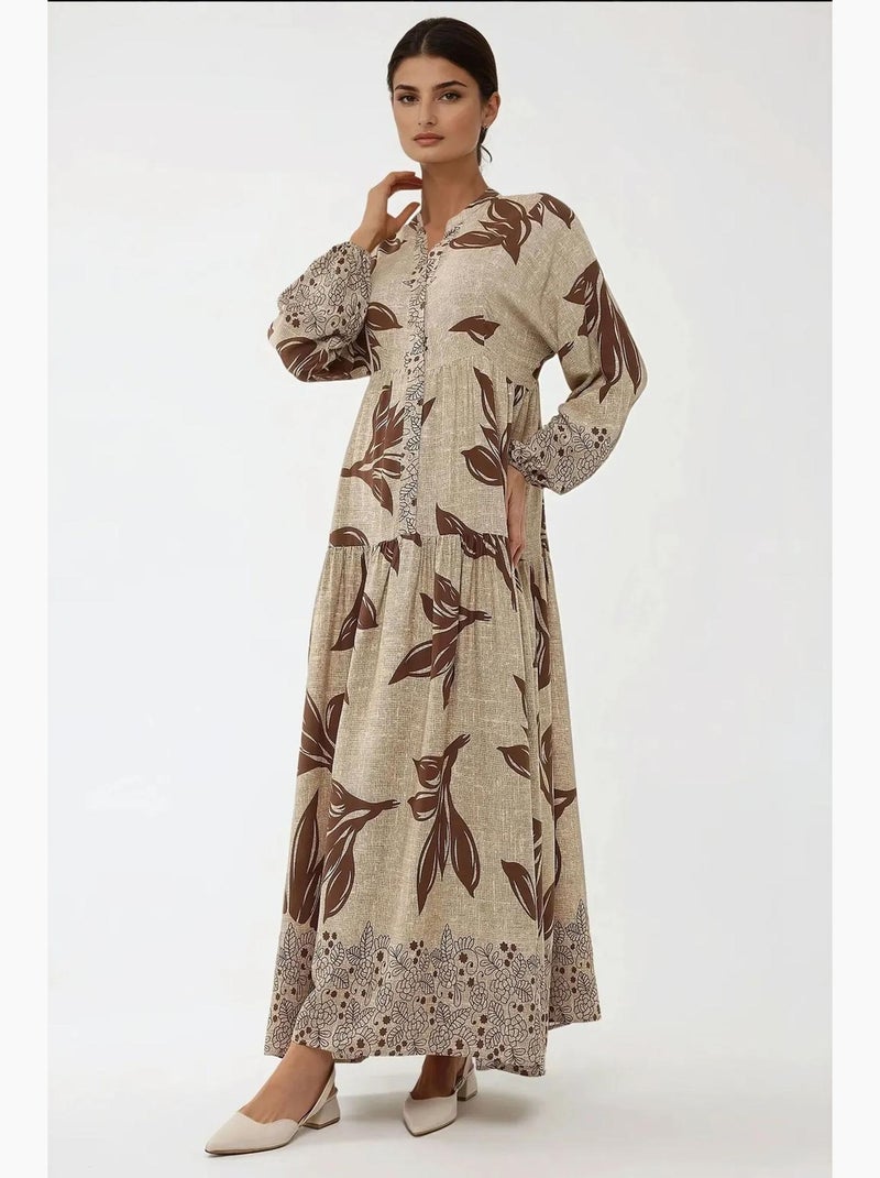 Vestido largo de viscosa con manga larga estampado hiccup Marrón - Kiabi
