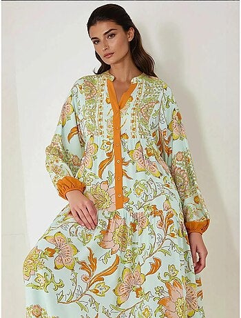 Vestido largo de viscosa con manga larga estampado hiccup