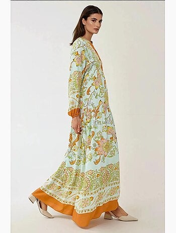 Vestido largo de viscosa con manga larga estampado hiccup
