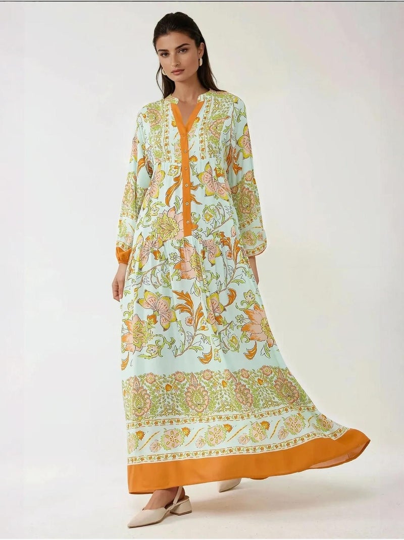 Vestido largo de viscosa con manga larga estampado hiccup Naranja - Kiabi