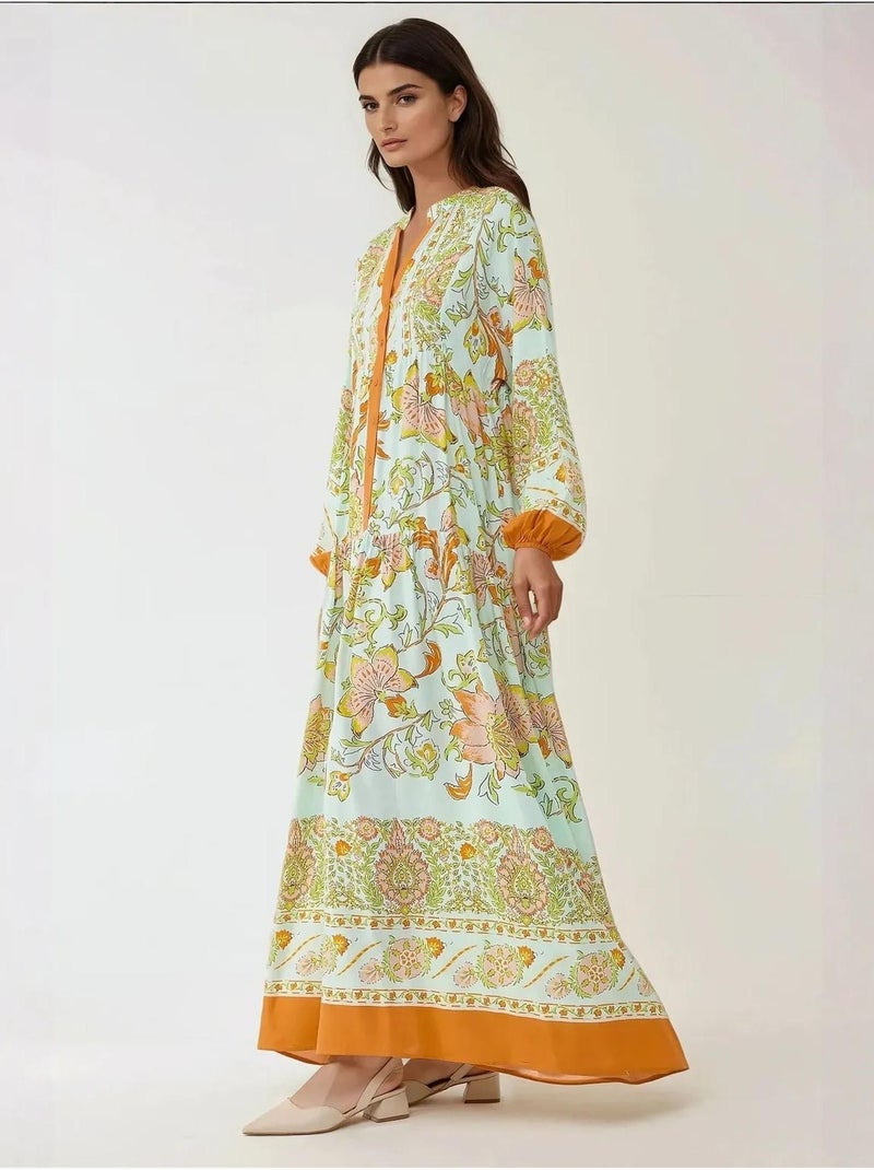 Vestido largo de viscosa con manga larga estampado hiccup Naranja - Kiabi