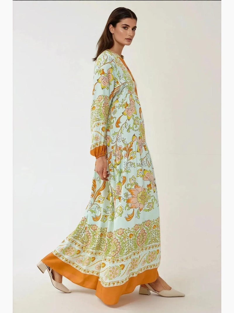 Vestido largo de viscosa con manga larga estampado hiccup Naranja - Kiabi