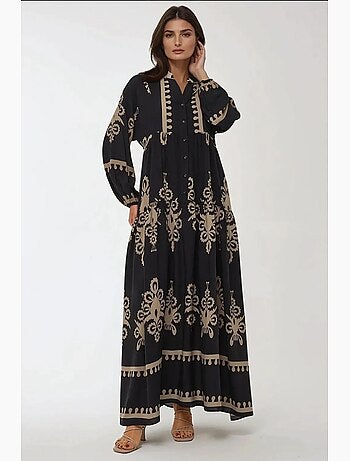 Vestido largo de viscosa con manga larga estampado hiccup