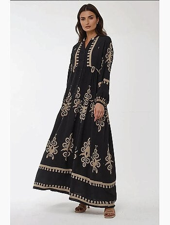 Vestido largo de viscosa con manga larga estampado hiccup
