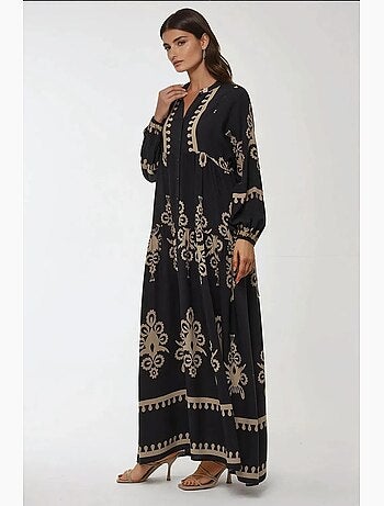 Vestido largo de viscosa con manga larga estampado hiccup