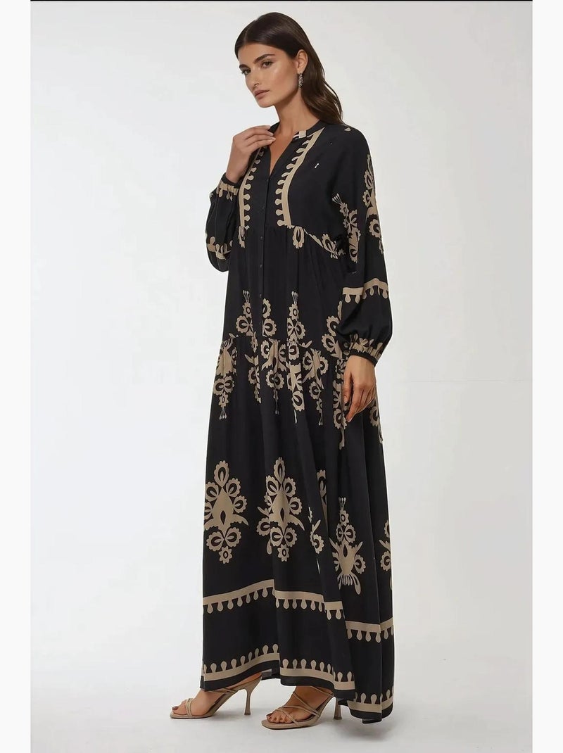 Vestido largo de viscosa con manga larga estampado hiccup Negro - Kiabi