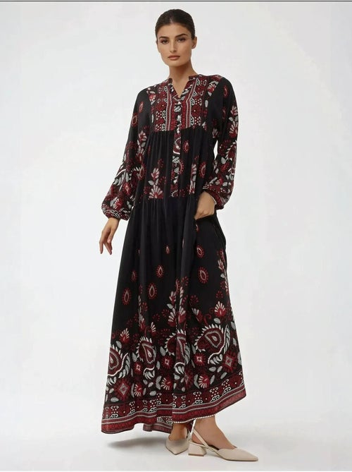 Vestido largo de viscosa con manga larga estampado hiccup - Kiabi Vestido largo de viscosa con manga larga estampado hiccup - Kiabi