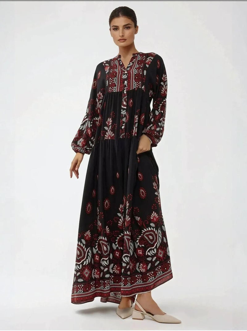 Vestido largo de viscosa con manga larga estampado hiccup Negro - Kiabi