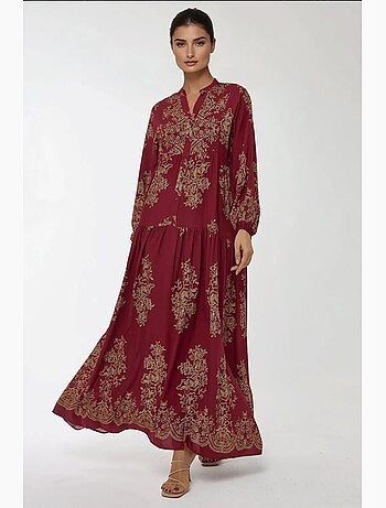 Vestido largo de viscosa con manga larga estampado hiccup