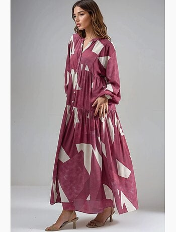Vestido largo de viscosa con manga larga estampado hiccup