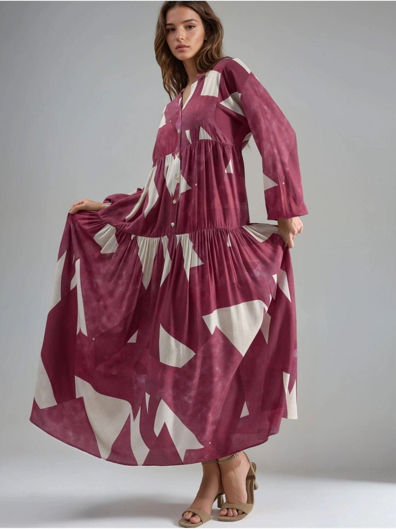 Vestido largo de viscosa con manga larga estampado hiccup Rojo - Kiabi