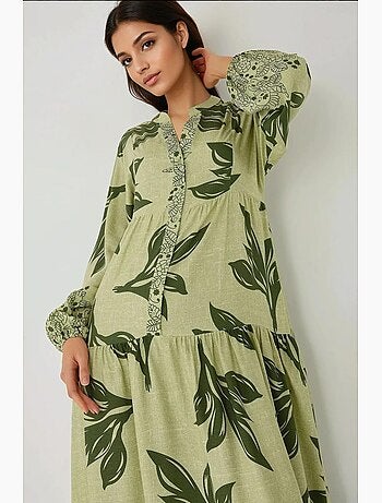 Vestido largo de viscosa con manga larga estampado hiccup