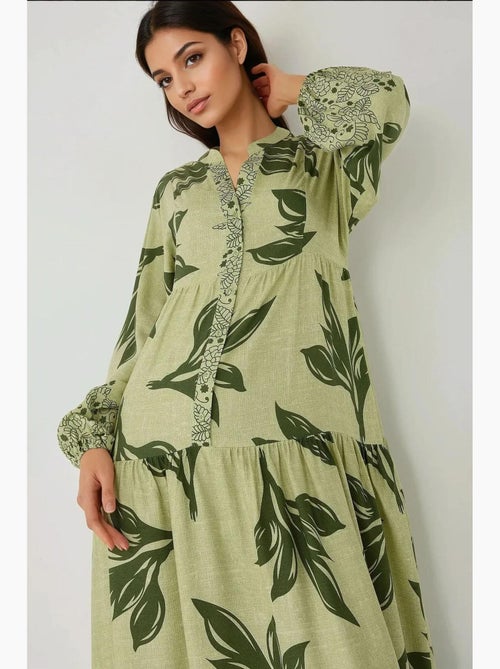 Vestido largo de viscosa con manga larga estampado hiccup - Kiabi Vestido largo de viscosa con manga larga estampado hiccup - Kiabi