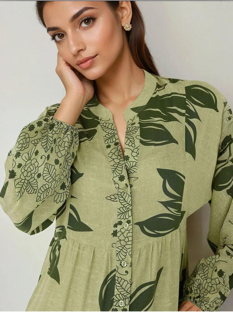 Vestido largo de viscosa con manga larga estampado hiccup Verde claro - Kiabi