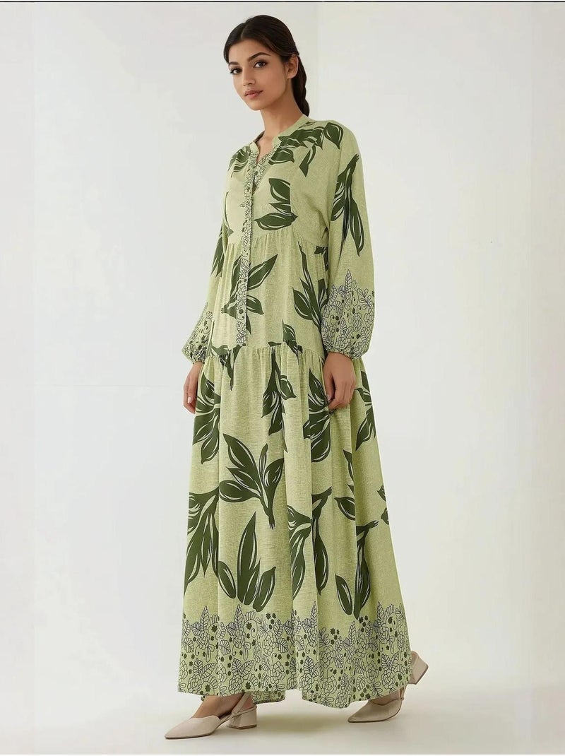 Vestido largo de viscosa con manga larga estampado hiccup Verde claro - Kiabi