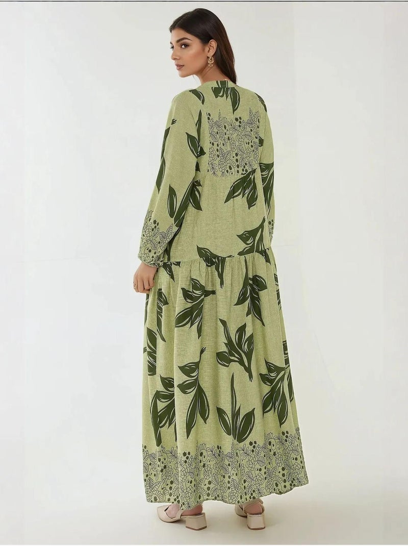 Vestido largo de viscosa con manga larga estampado hiccup Verde claro - Kiabi