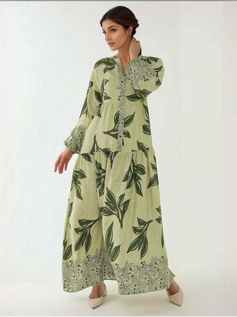 Vestido largo de viscosa con manga larga estampado hiccup Verde claro - Kiabi