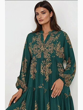 Vestido largo de viscosa con manga larga estampado hiccup