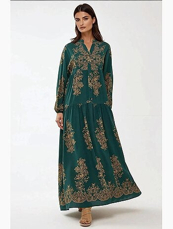 Vestido largo de viscosa con manga larga estampado hiccup