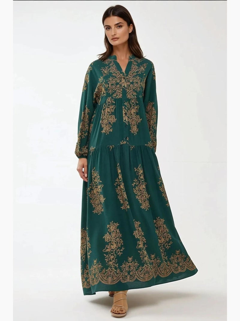 Vestido largo de viscosa con manga larga estampado hiccup Verde oscuro - Kiabi