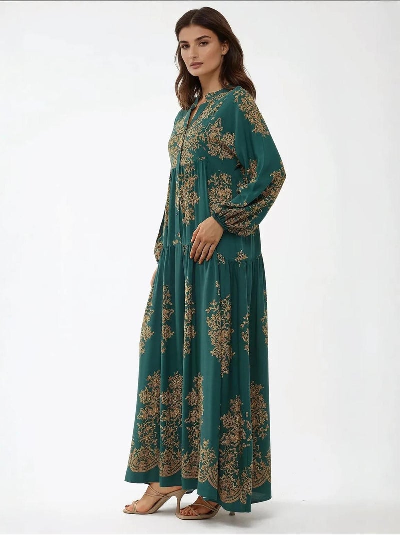 Vestido largo de viscosa con manga larga estampado hiccup Verde oscuro - Kiabi