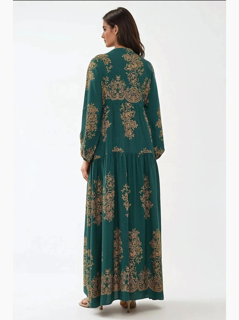 Vestido largo de viscosa con manga larga estampado hiccup Verde oscuro - Kiabi
