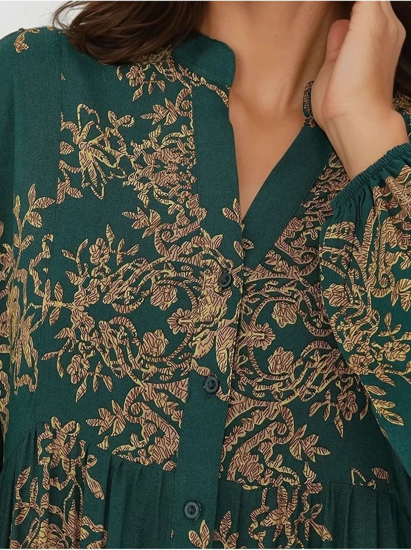 Vestido largo de viscosa con manga larga estampado hiccup Verde oscuro - Kiabi