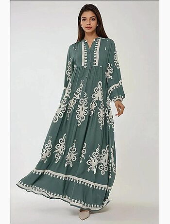 Vestido largo de viscosa con manga larga estampado hiccup