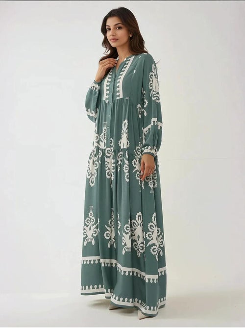 Vestido largo de viscosa con manga larga estampado hiccup - Kiabi Vestido largo de viscosa con manga larga estampado hiccup - Kiabi