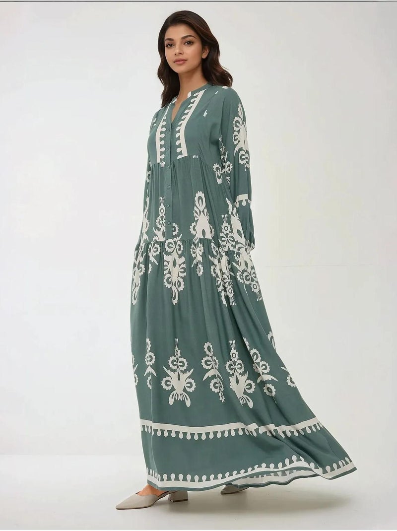 Vestido largo de viscosa con manga larga estampado hiccup Verde pastel - Kiabi