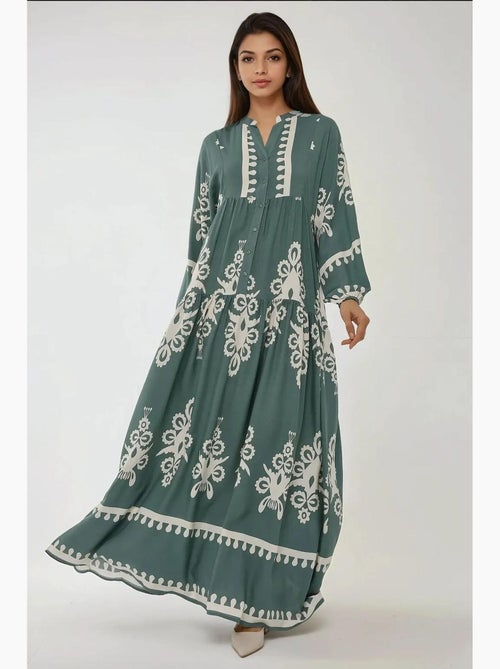 Vestido largo de viscosa con manga larga estampado hiccup - Kiabi Vestido largo de viscosa con manga larga estampado hiccup - Kiabi