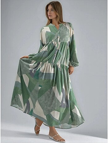Vestido largo de viscosa con manga larga estampado hiccup