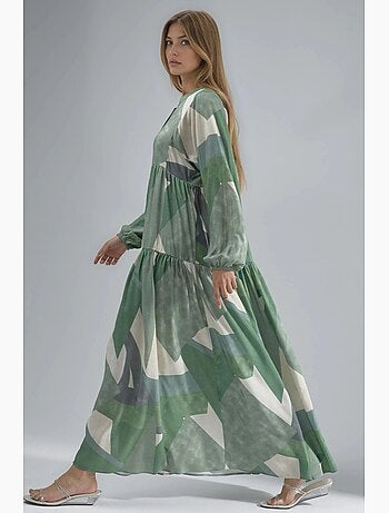 Vestido largo de viscosa con manga larga estampado hiccup