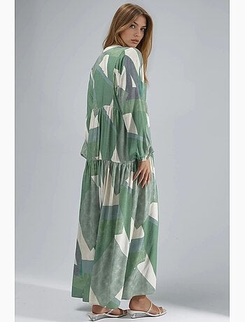Vestido largo de viscosa con manga larga estampado hiccup