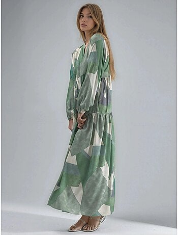 Vestido largo de viscosa con manga larga estampado hiccup