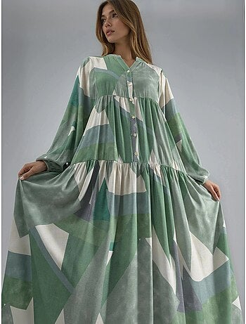 Vestido largo de viscosa con manga larga estampado hiccup