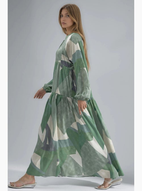 Vestido largo de viscosa con manga larga estampado hiccup - Kiabi Vestido largo de viscosa con manga larga estampado hiccup - Kiabi